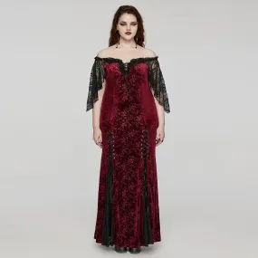 Women's Plus Size Gothic Off-the-shoulder Lace-up Red Velvet Gown Dress Wedding Dress