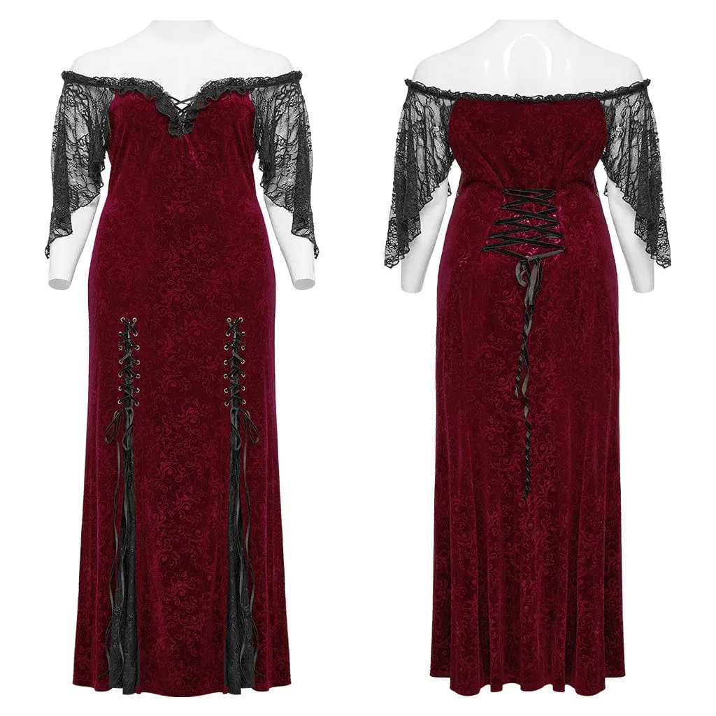 Women's Plus Size Gothic Off-the-shoulder Lace-up Red Velvet Gown Dress Wedding Dress