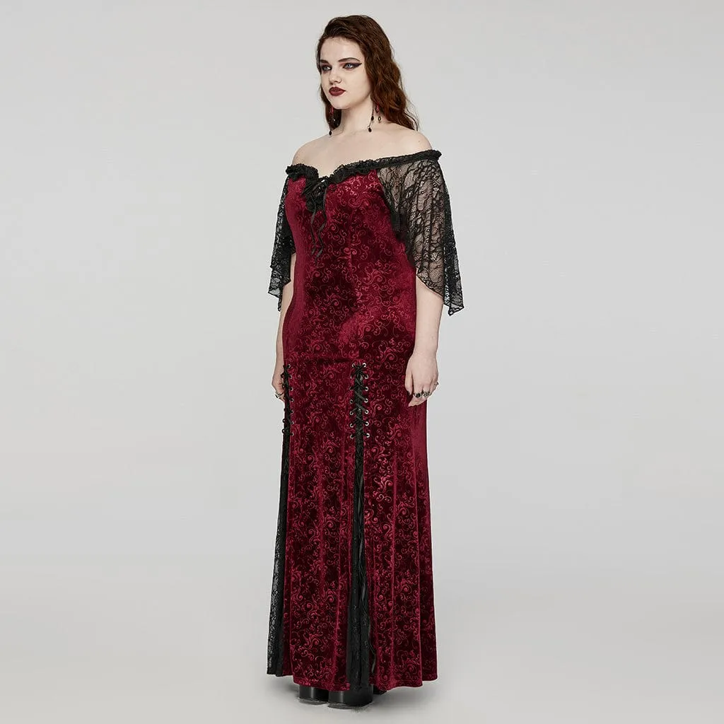 Women's Plus Size Gothic Off-the-shoulder Lace-up Red Velvet Gown Dress Wedding Dress