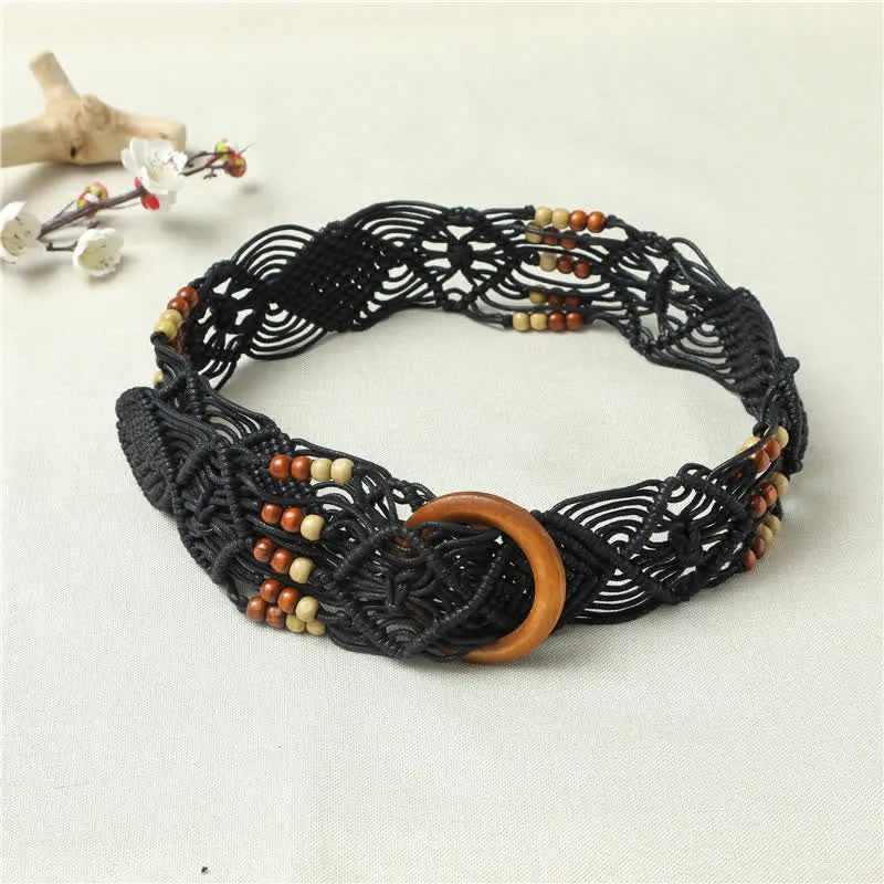 Women's Retro Braided Decorative Beads Wooden Buckle Belt