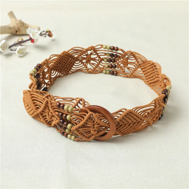 Women's Retro Braided Decorative Beads Wooden Buckle Belt