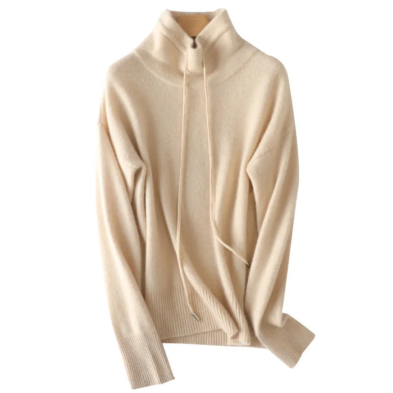 Women's Turtleneck Cashmere Sweater Warm Long Sleeve Loose Tie Cashmere Tops