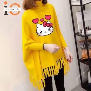 Yellow Kitty Printed Poncho